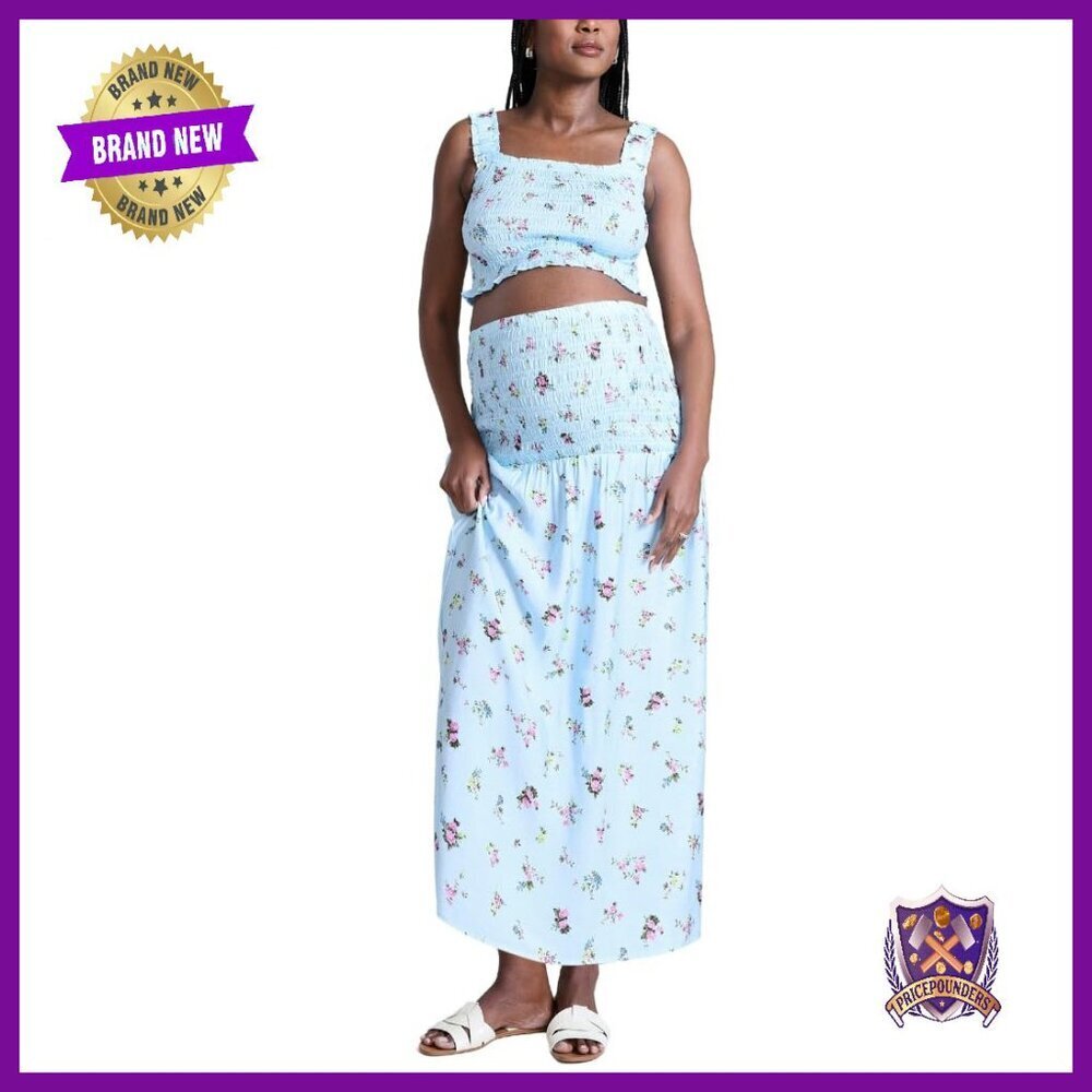Smocked Maternity Crop Top Maxi Skirt Set Nursing-Friendly